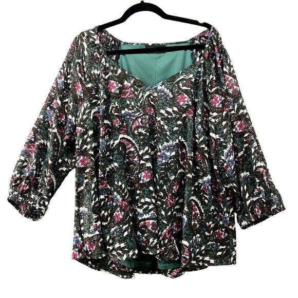 Lane Bryant Chiffon Blouse Womens Size 18 Long Sleeve V-neck Flowy Floral Green - Picture 1 of 9